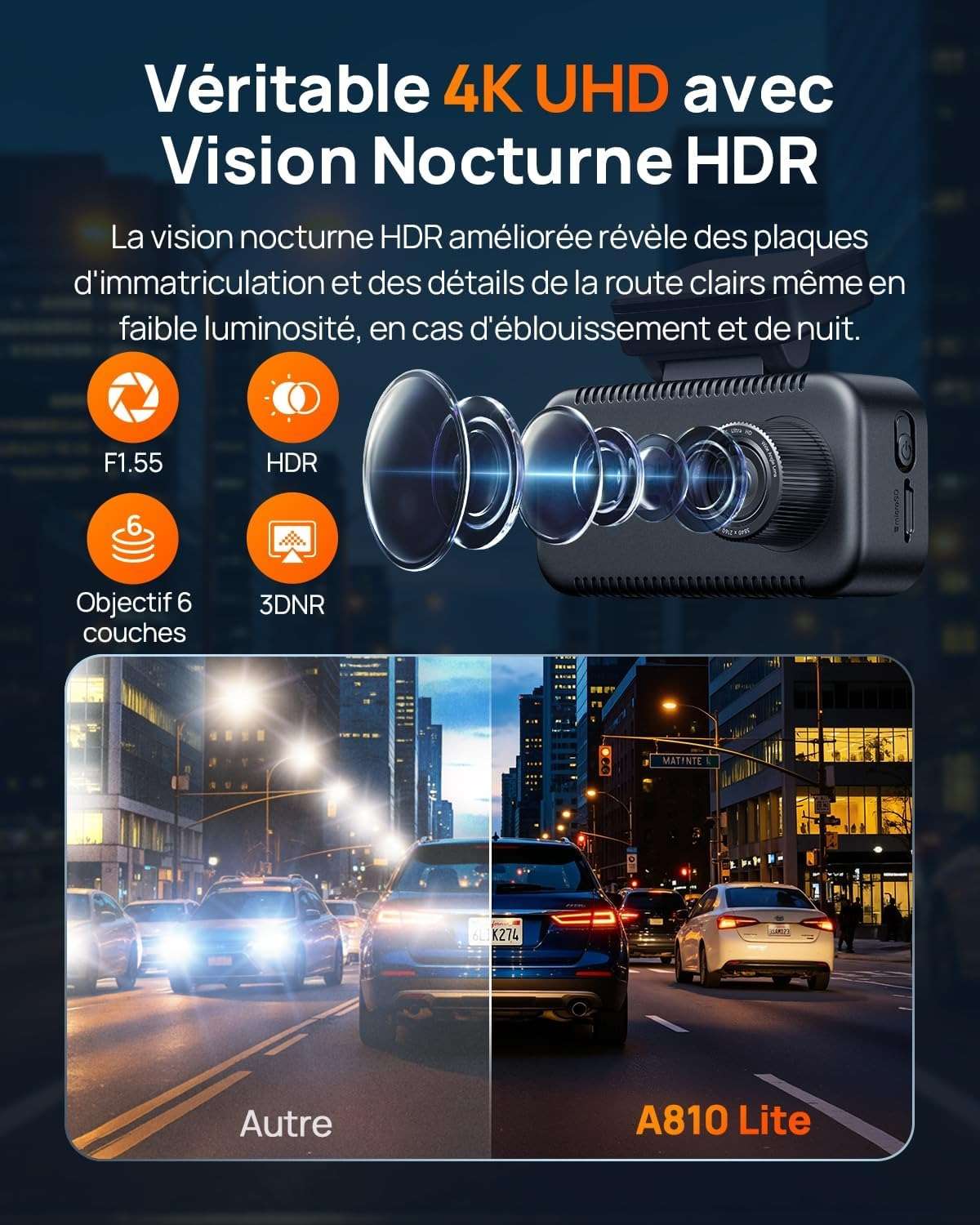 Vision nocturne HDR de la 70mai A810 Lite comparée à une dashcam classique