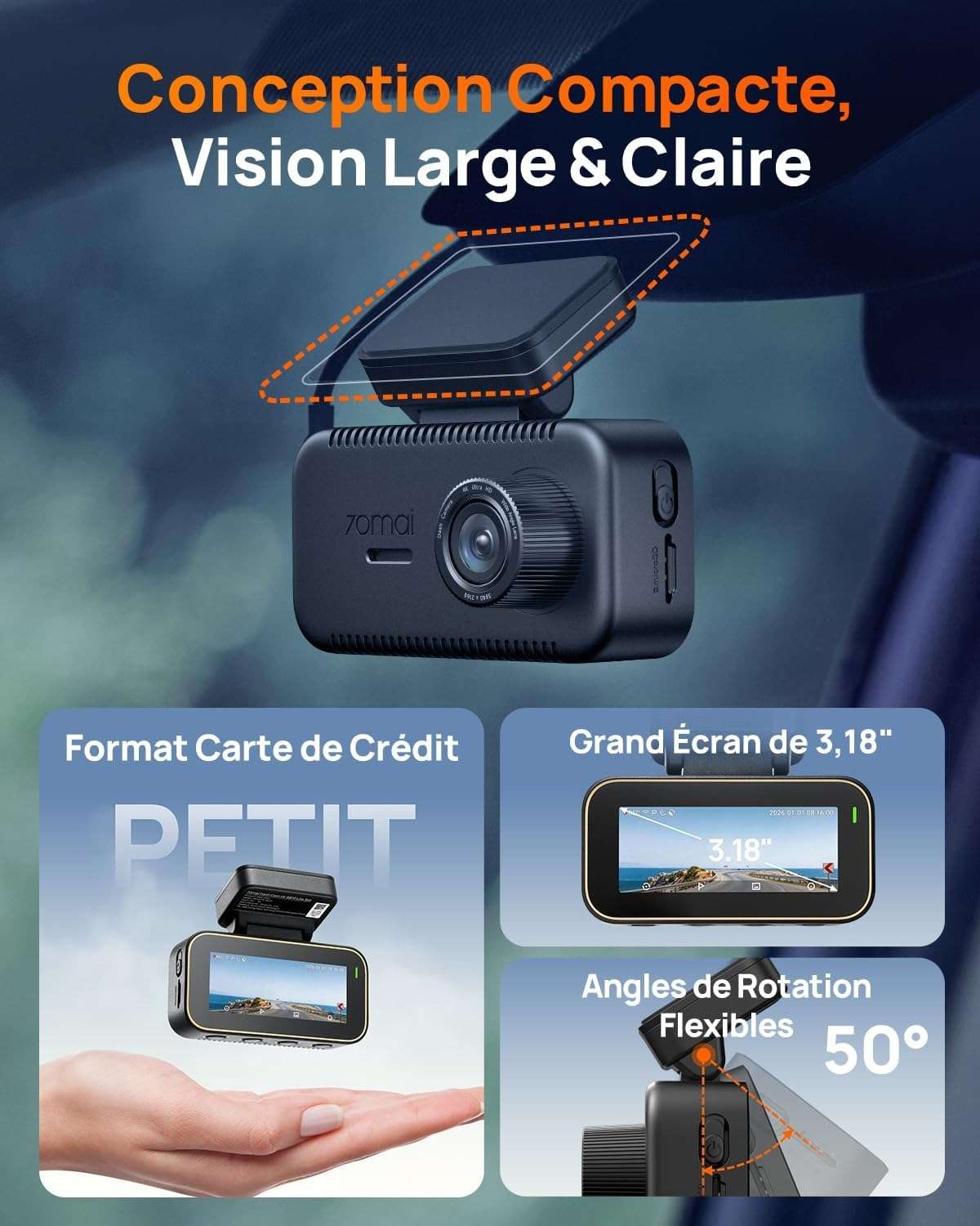 70mai A810 Lite compacte avec écran 3,18 pouces et rotation de 50°