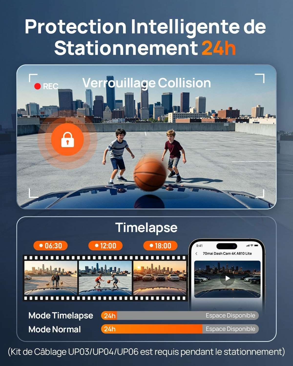 Mode parking 24h de la 70mai A810 Lite : détection de choc et timelapse