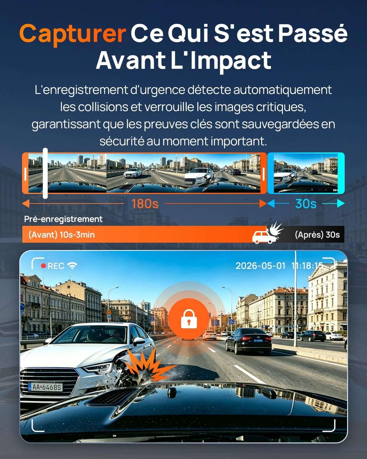 Enregistrement d'urgence 70mai A810 Lite : vidéo sauvegardée avant et après l'impact