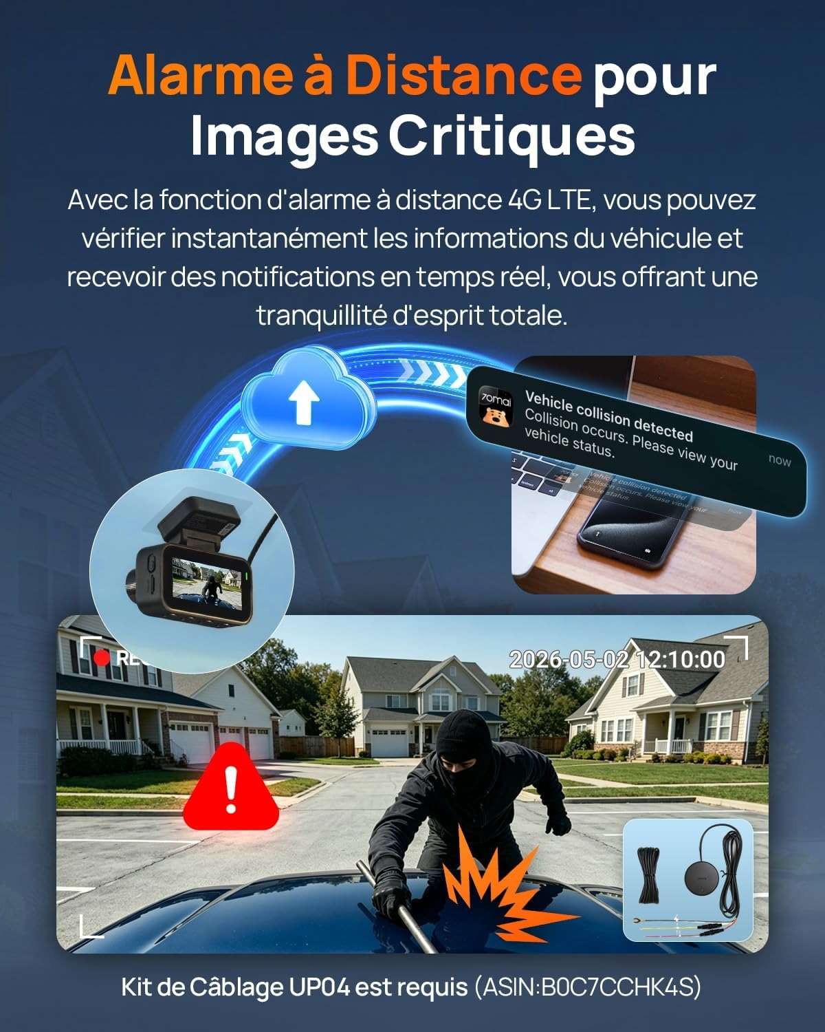 Alerte à distance 70mai A810 Lite : notification sur le téléphone en cas de choc
