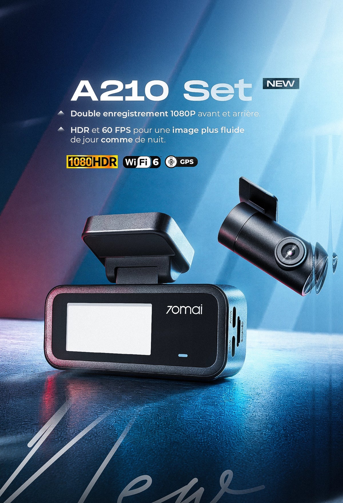 70mai A210 Set dashcam 1080P HDR avant et arrière avec GPS