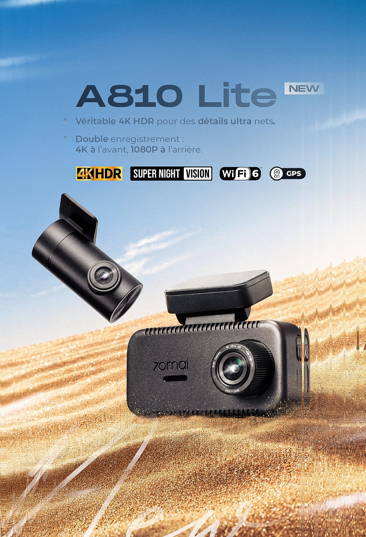 70mai A810 Lite dashcam 4K avant et arrière compatible 4G