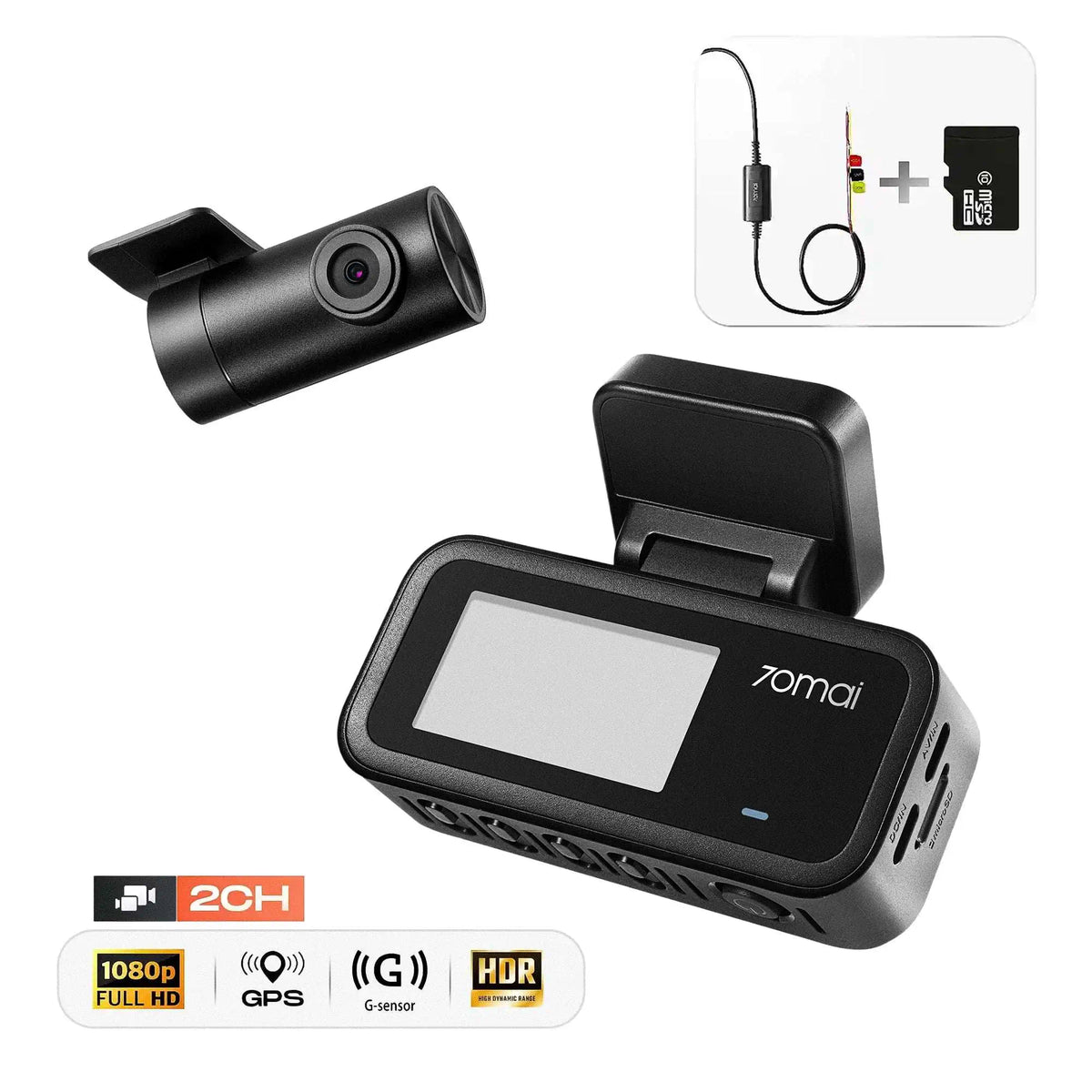 Pack 70mai A210 Set : caméra avant 1080P HDR, caméra arrière, kit hardwire et carte mémoire