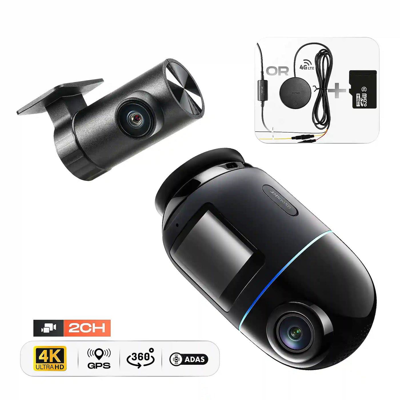 Pack 70mai x800 Omni 4K 60fps Avant/Arrière + Carte Mémoire + Hardwire Kit | 4G Vue à Distance GPS ADAS