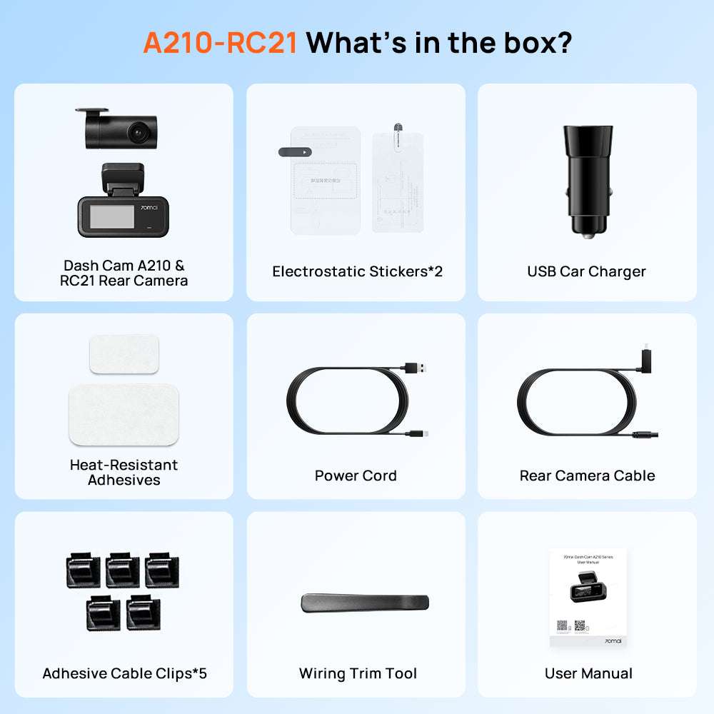 Contenu de la boîte 70mai A210 Set avec caméra arrière RC21 et accessoires